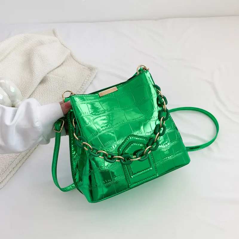 Laser Chain Handbag Large Capacity Crossbody Bucket Bag - Green