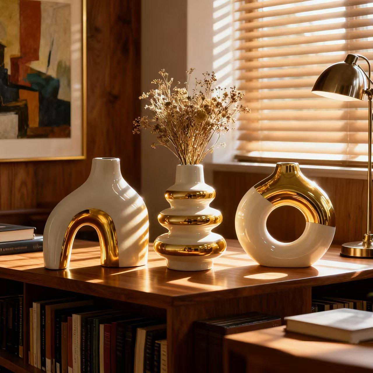 3pcs Nordic Creative Luxury Modern Simple Electroplated Ceramic Flower Vase, Home Decor Ornament Gift For Water Cultivation 3