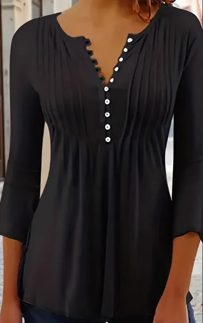 Button Front Ruched Blouse, Casual Solid Crew Neck Blouse, Women's Clothing Black - Shop at LoveMi