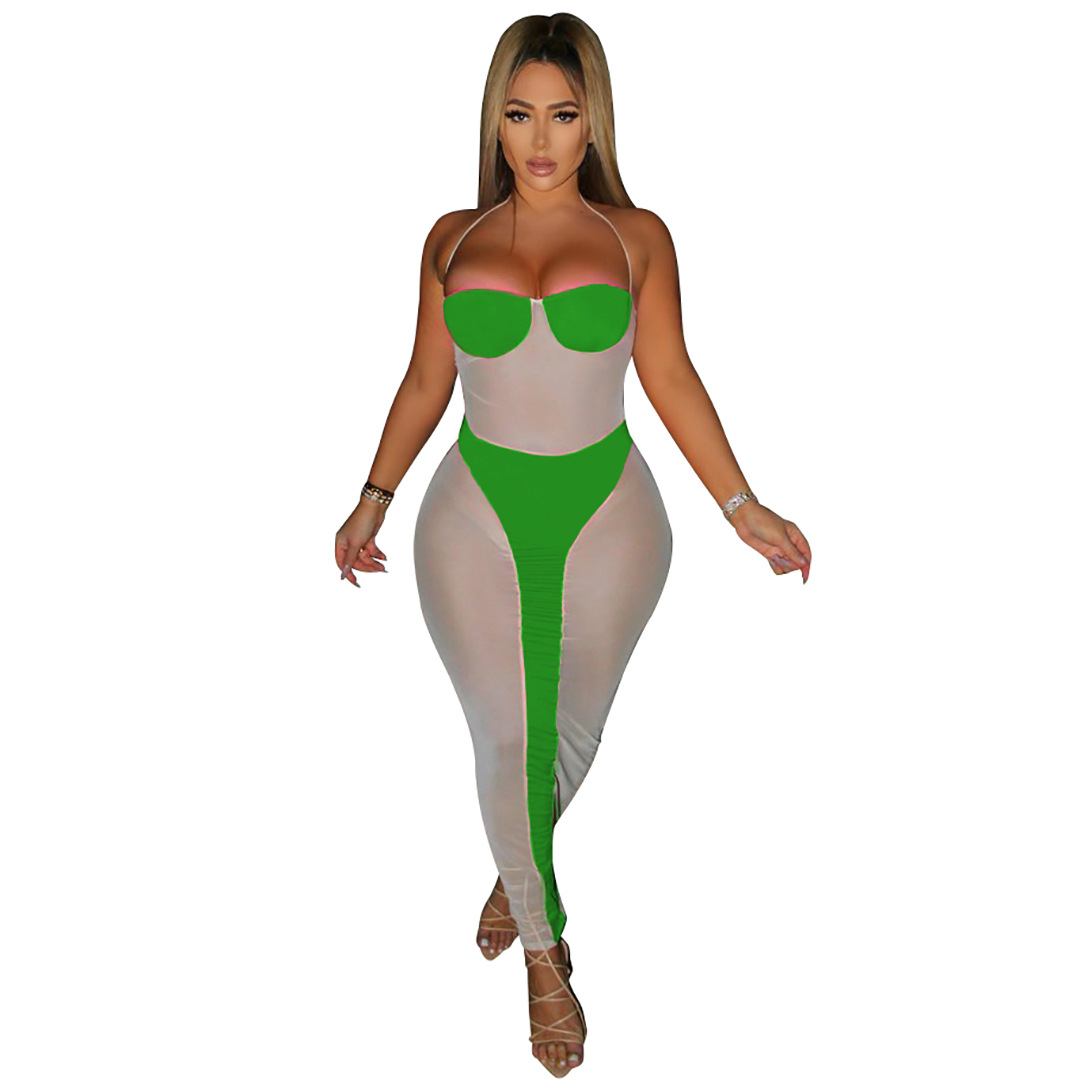 Sexy Ladies See-through Stretch Mesh Stitching Solid Color Dress Beach Long Skirt