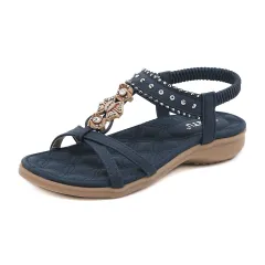 Bohemian Rhinestone Comfortable Round Toe Flat Shoes - Royal-38 - View 1