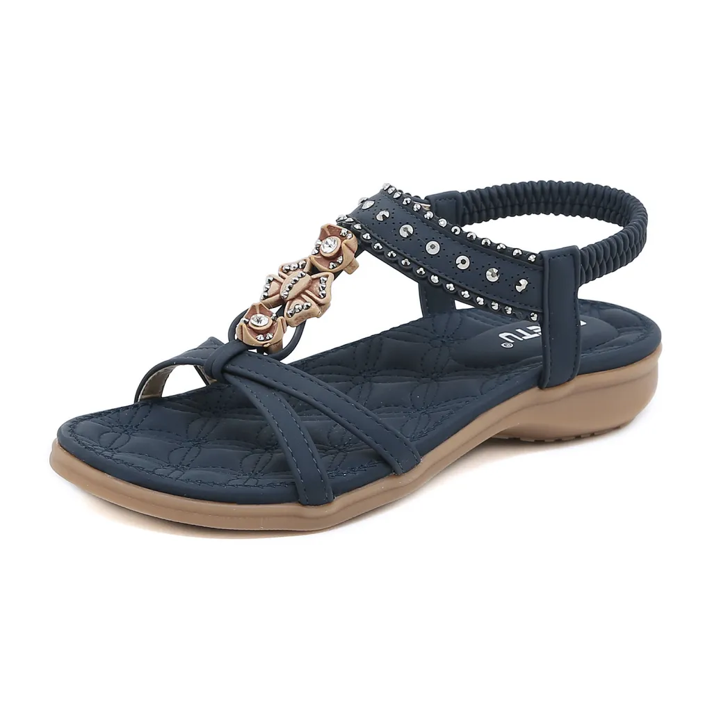 Bohemian Rhinestone Comfortable Round Toe Flat Shoes - Royal-39