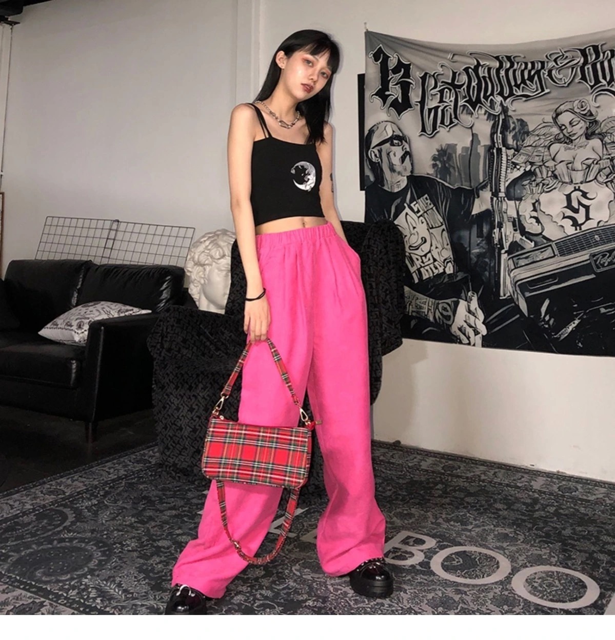 Rose Red Straight Tube Mopping High Waist Drape