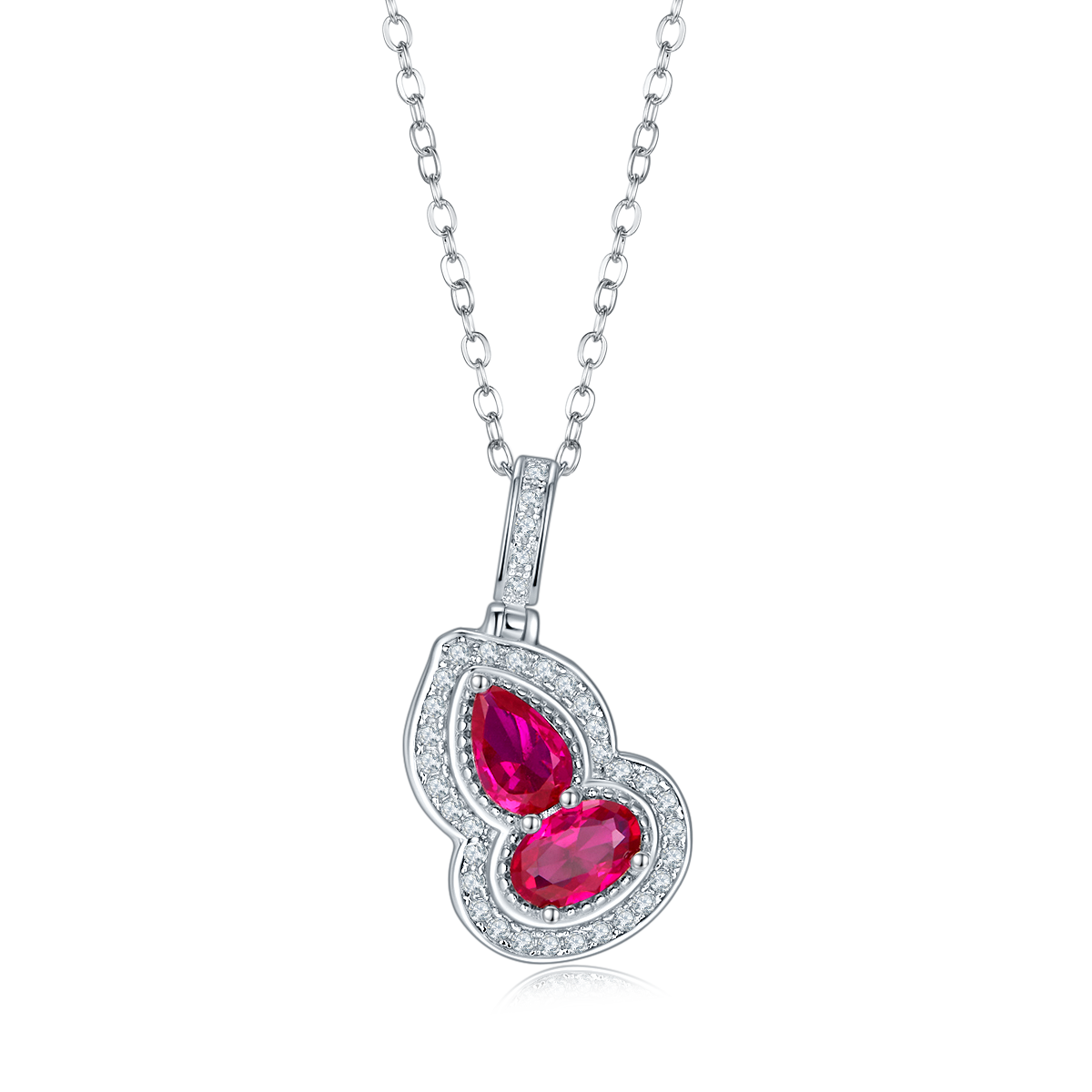 S925 Silver 2.7g Lab-Created Ruby Necklace, 6.4mm Two-Stone Halo Pendant, 40&5cm