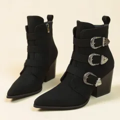 Chunky Heel Pointed Toe Boots With Belt Buckle Design Retro Mid-calf Boot Fashion Fall Winter Shoes For Women - Black - View 1