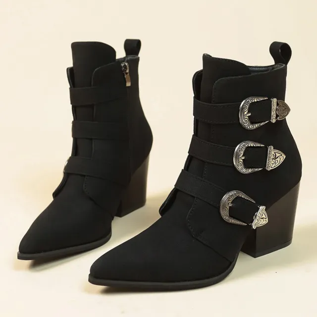 Chunky Heel Pointed Toe Boots With Belt Buckle Design Retro Mid calf Boot Fashion Fall Winter Shoes For Women Black - Shop at LoveMi