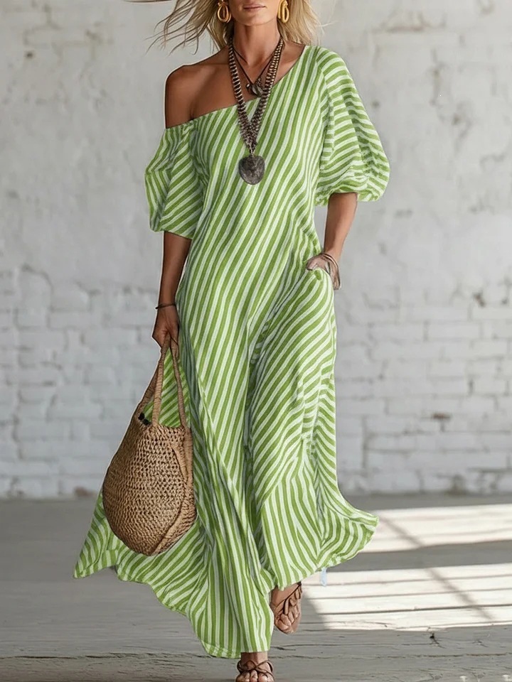 Spring Elegant Striped Off-Shoulder Dress
