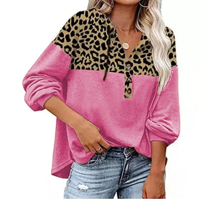 Women's Leopard Loose Casual Long Sleeve Hooded Sweatshirt Pink - Shop at LoveMi