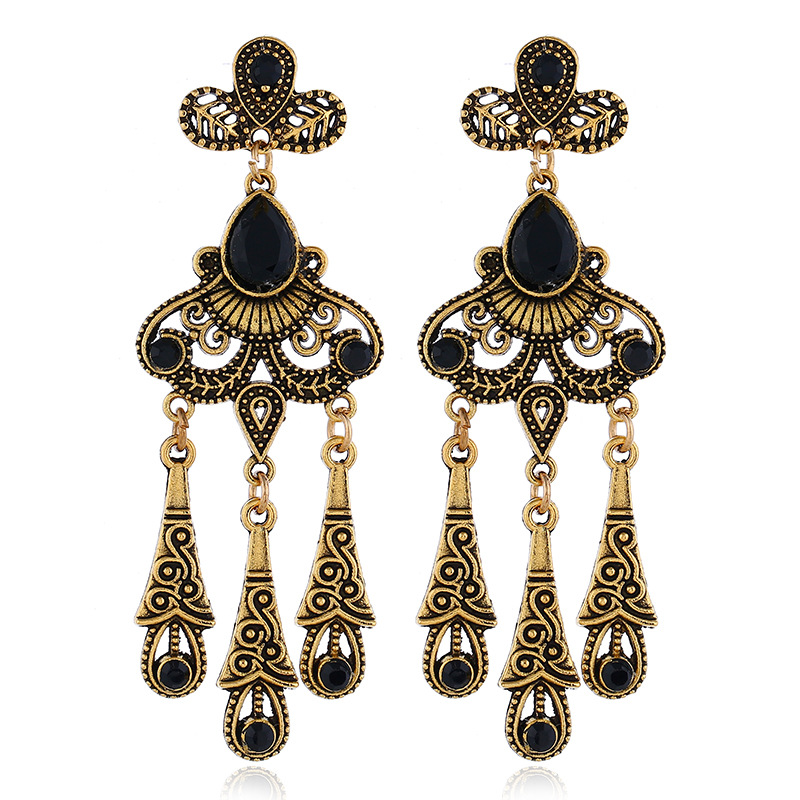 Retro Ethnic Style Hollow Leaf Gem Water Drop Tassel Earrings