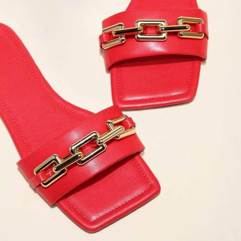 New Large Size Chain Square Toe Women's Flat Shoes Red - Shop at LoveMi