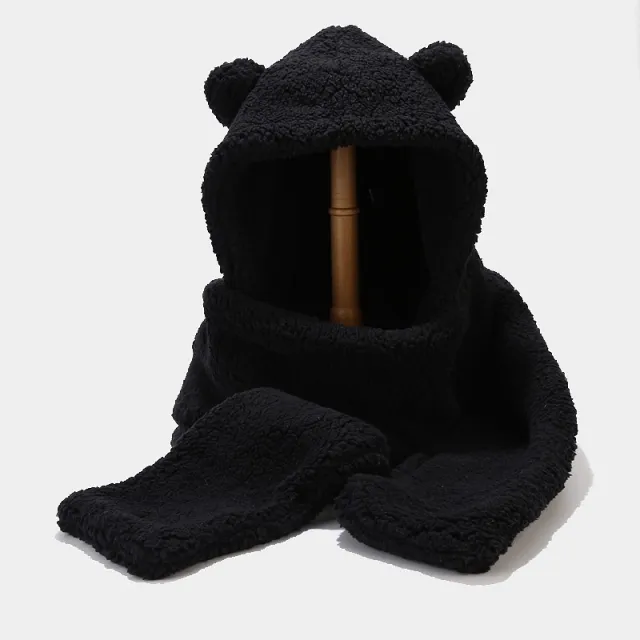 Two piece Warmth Hat And Scarf With Thickened Bear Ears Black - Shop at LoveMi