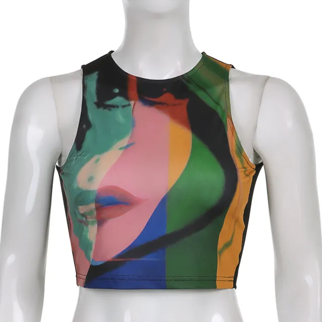 Women's New Color Printing Round Neck Short Cropped Jersey Tank Top Color - Shop at LoveMi