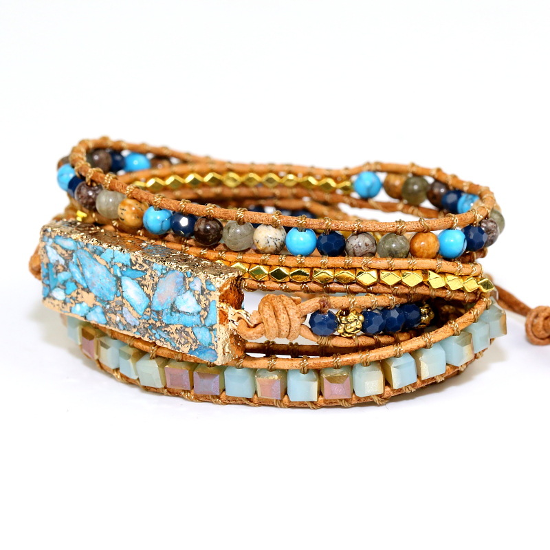 Gold Thread Turquoise Hand-woven Multi-layer Leather Bracelet