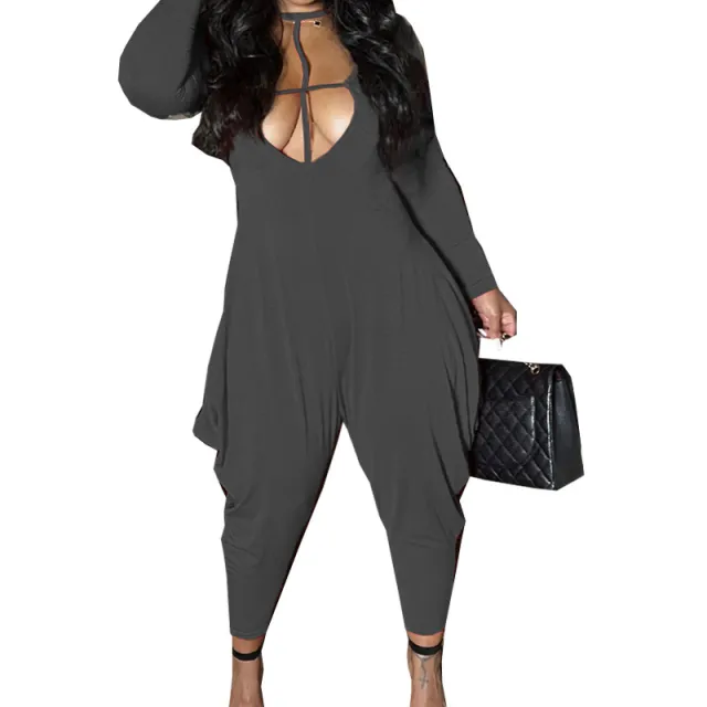Women's Solid Round Neck Casual Long Sleeve Loose Jumpsuit Grey - Shop at LoveMi