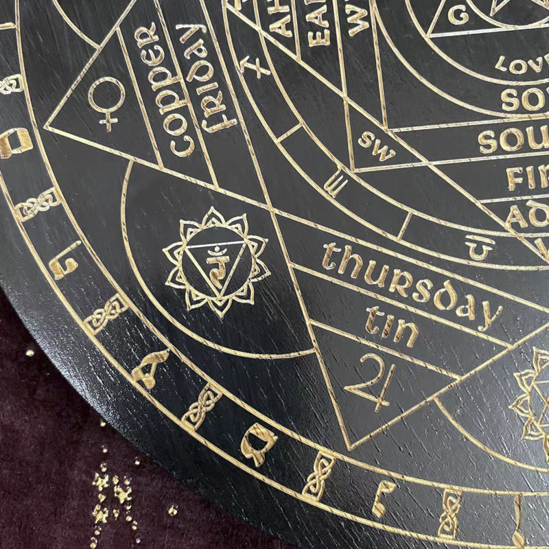 Black seven chakra crystal energy disk oak carved astrolabe