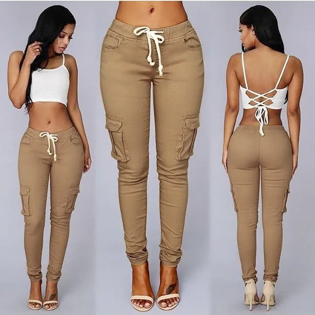 Women's Multi-Pocket Drawstring Casual Pants - Khaki