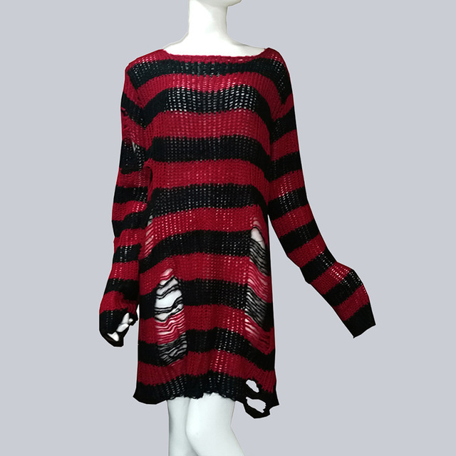 Title 8, Womens Striped Loose Knitwear With Ripped Mid-l...