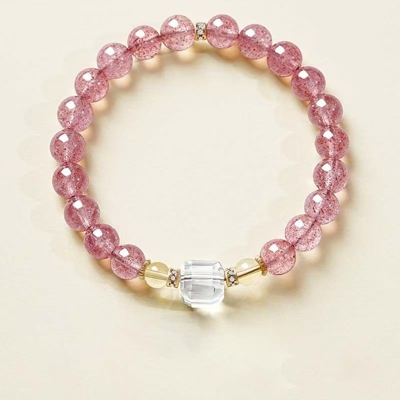 Natural Strawberry Quartz  Clear Quartz Bracelet Gold Bead Two Tone Chain Love Energy Jewelry For Women