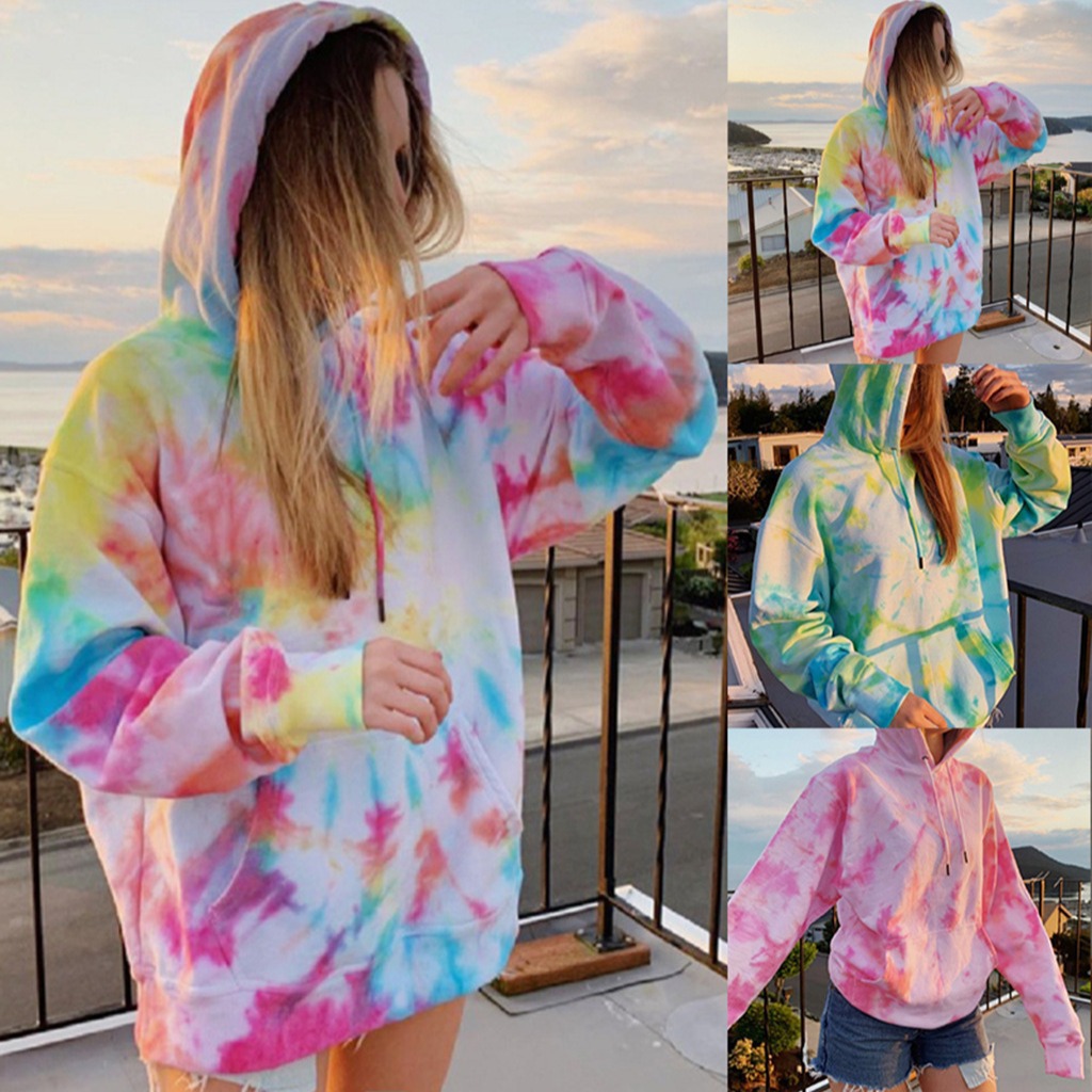 Women's Loose Coat Jacket Hooded Tie Dye Printing Casual Sweater