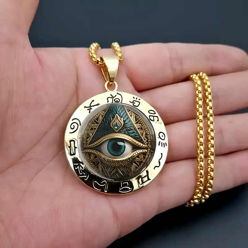 Ancient Egyptian Script With Eye Pattern Circular Glass Pendant Necklace product image