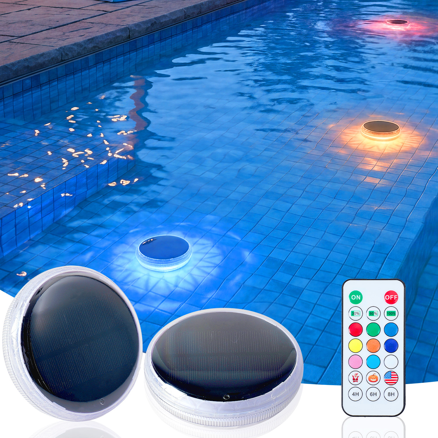 Solar Rechargeable Floating Pool Lights-2 Pack, Pool Lights That Float With Remote Control, 9 Lighting, Timing Mode, IPX7 Waterproof For Inground Pool, Bathroom, Bathtub, Pool Party — foto 8