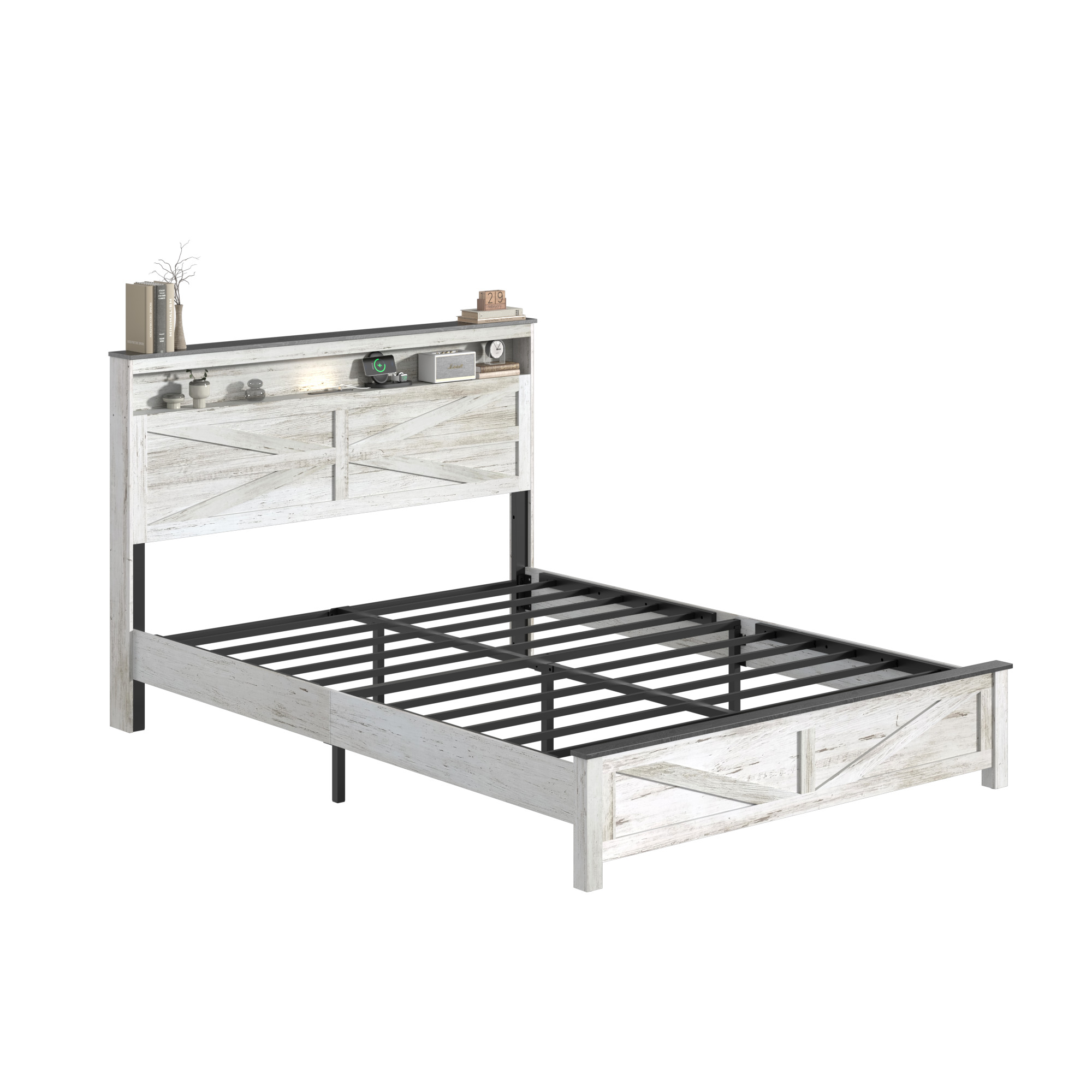 Full Floating Bed Frame With LED, Charger & Hidden Storage, White & Gray