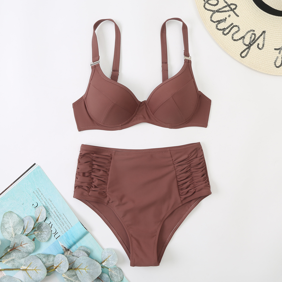 New Solid Color Hard Pack High Waist Pleated Split Bikini Swimsuit