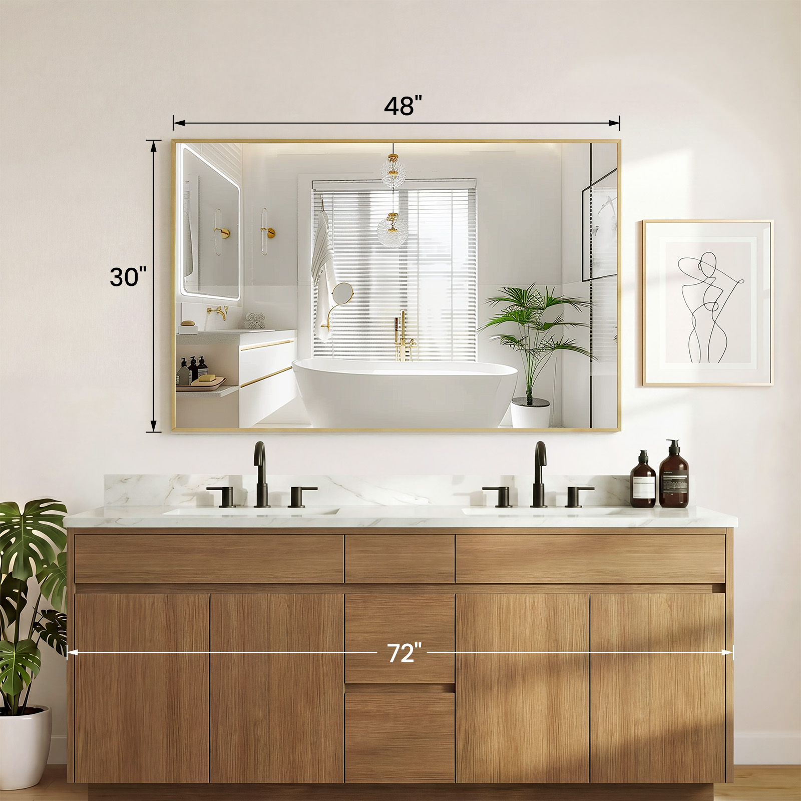 Above The Countertop, There Is A Rectangular Wall-mounted Bathroom Mirror With A Metal Frame And Made Of Tempered Glass. image 9