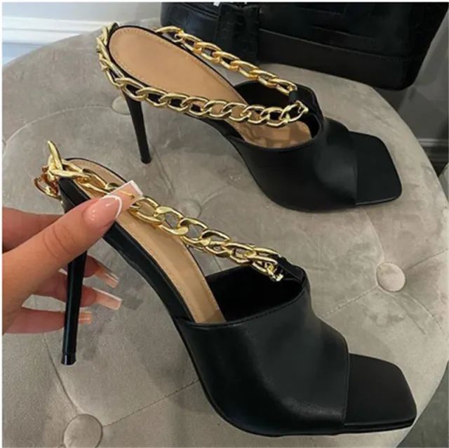 Metal Chain Square Toe High heeled Stiletto Heel Black - Shop at LoveMi