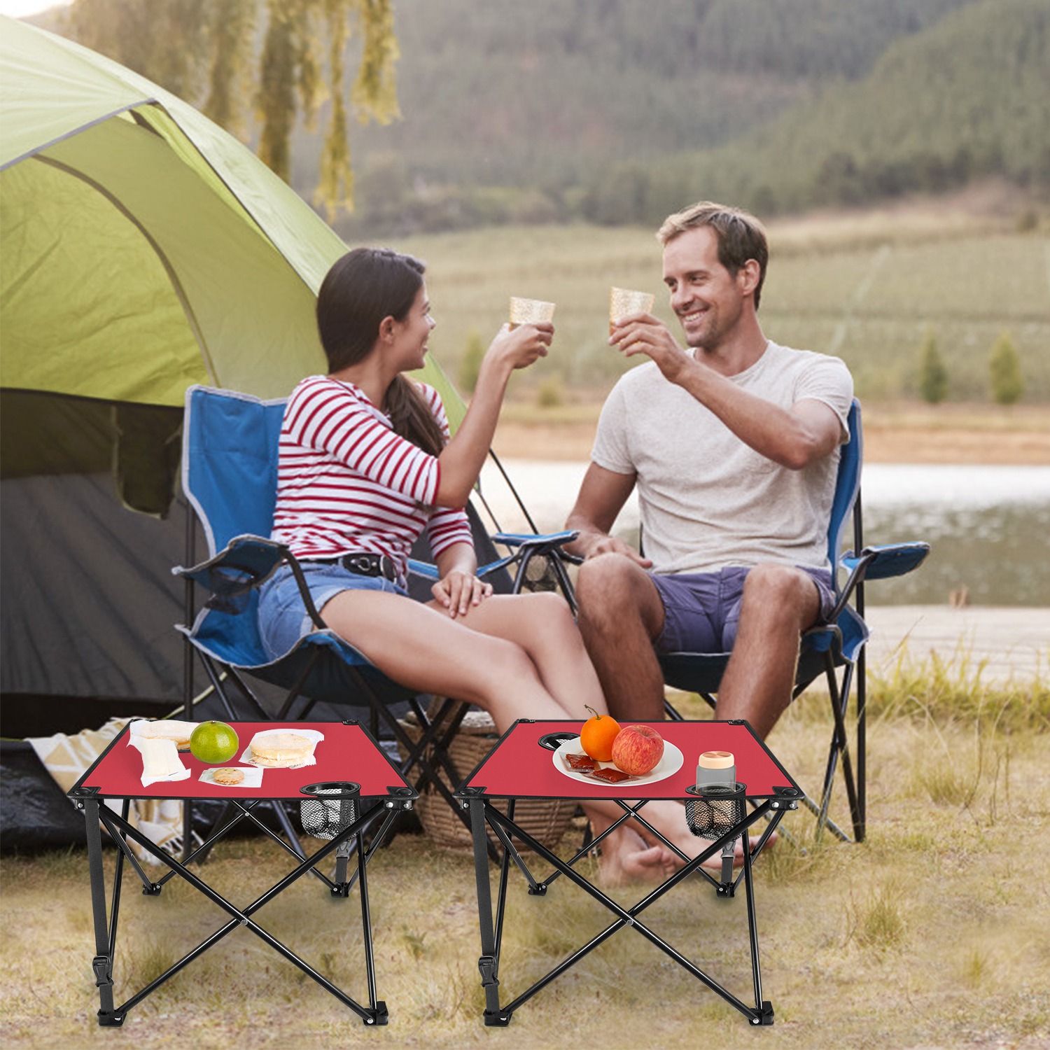 1Pc 2Pc Options Foldable Camping Table Portable Picnic Table Lightweight Travel Desk With 2 Cup Holders Carrying Bag Color Options Black Orange Green Red Blue Navy Blue image 48