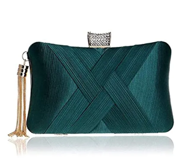 Fringed Metal Braided Diamond Buckle Banquet Evening Clutch Shoulder Bag Green - Shop at LoveMi