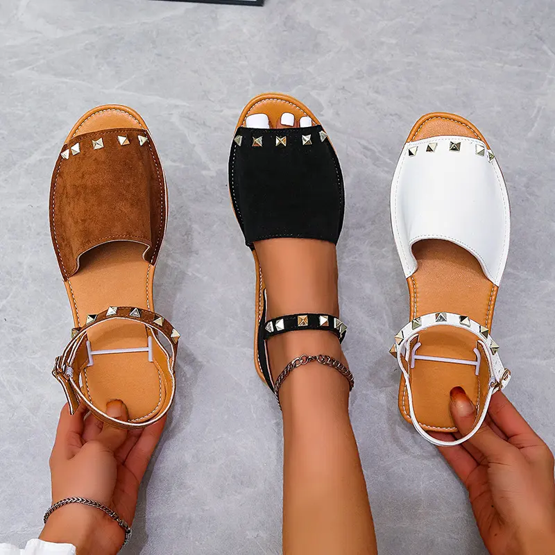 Rivet Sandals Summer Fish Mouth Shoes for Women Flat