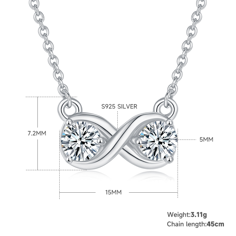 3.1g S925 Sterling Silver 1CT Moissanite Infinity Necklace 45cm  2 Stone Pendant With GRA, Platinum Plated Romantic Jewelry Gift Box Set For Women