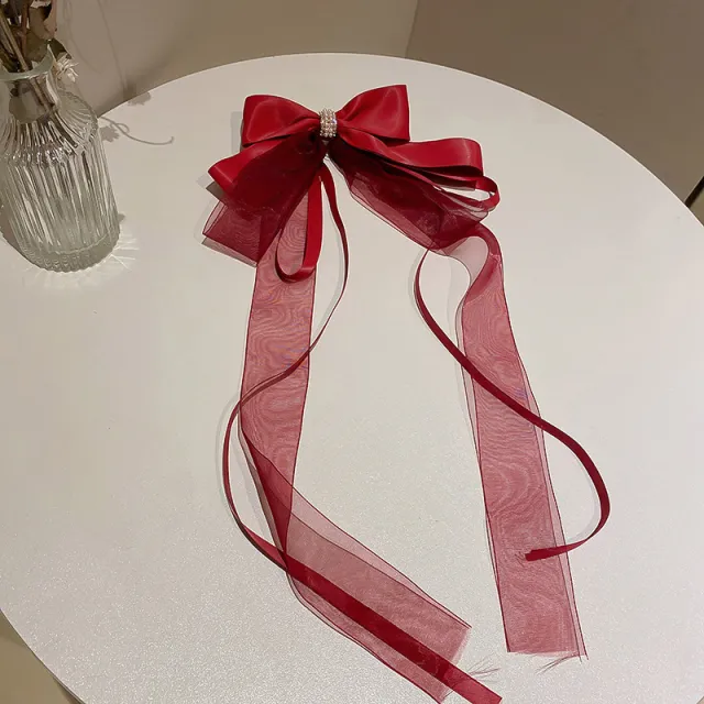 Red Bow Encrusted Tassel Hairpin Back Head Spring Top Clip Burgundy Ribbon - Shop at LoveMi