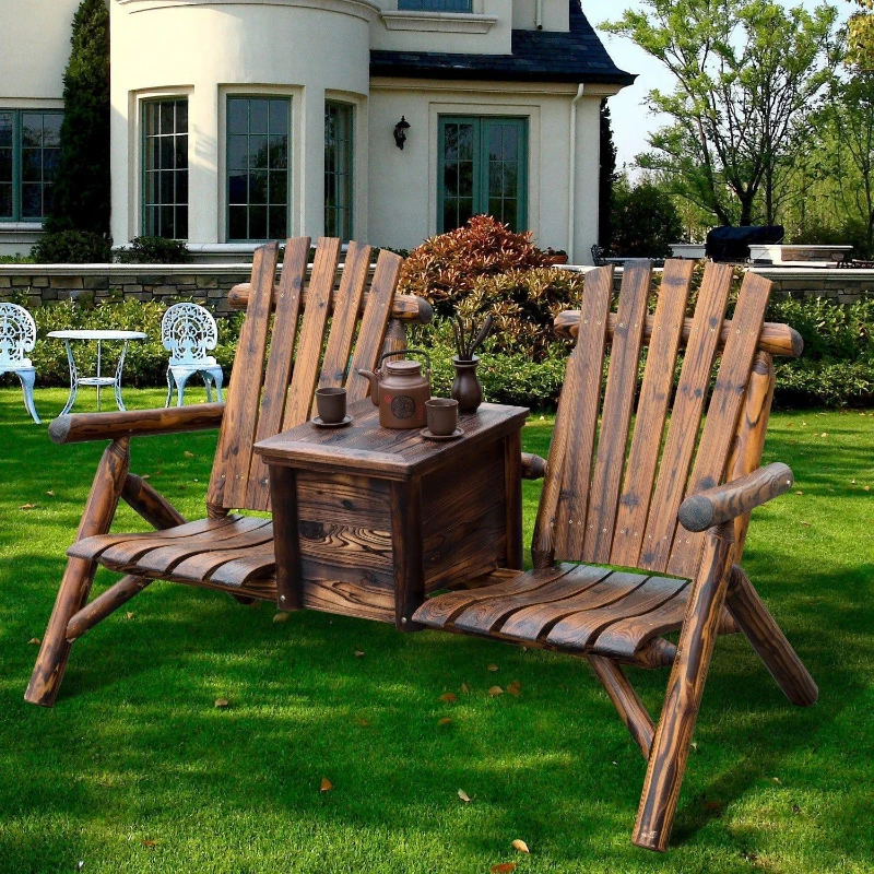 Double Wooden Adirondack Chair With Ice Bucket, Outdoor Loveseat With High Backrest, Smooth Armrest, Rustic Brown,Multiple Packages