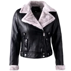 Large Lapel Long Sleeves Plus Velvet Thick Leather Jacket Women - Black Plus Velvet - View 1