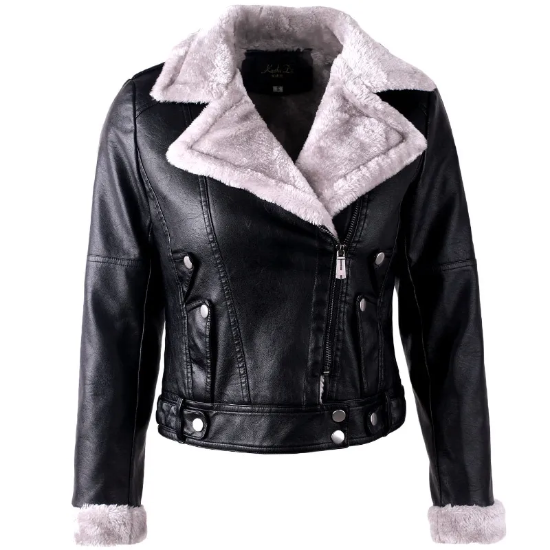 Large Lapel Long Sleeves Plus Velvet Thick Leather Jacket Women - Black Plus Velvet