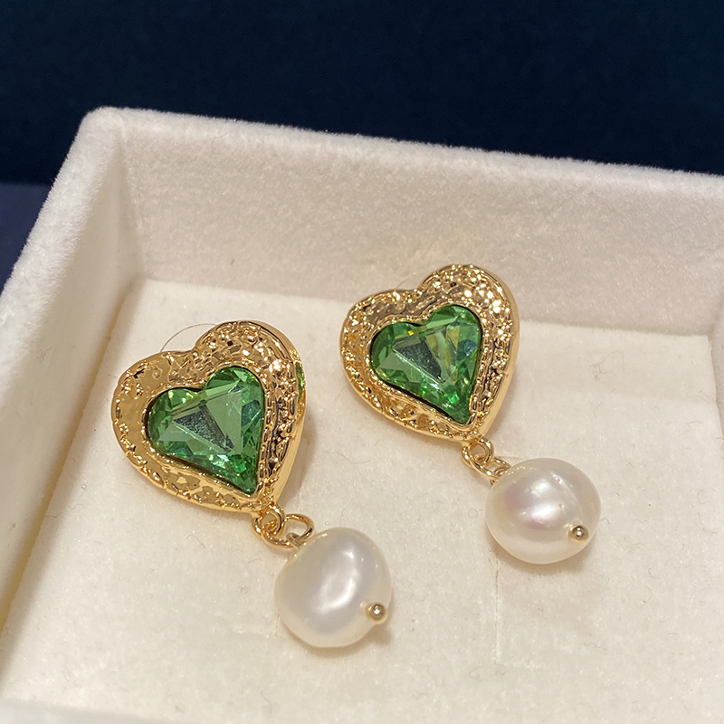 Golden Green Heart Pearl Earrings Crystal Baroque