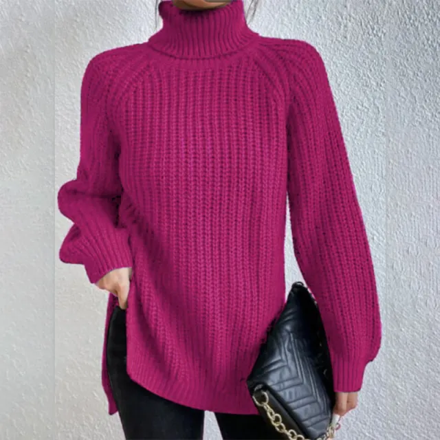 Turtleneck Pullover Sweater With Split Design Fashion Simple Solid Color Long Sleeve Tops Women's Clothing Rose - Shop at LoveMi