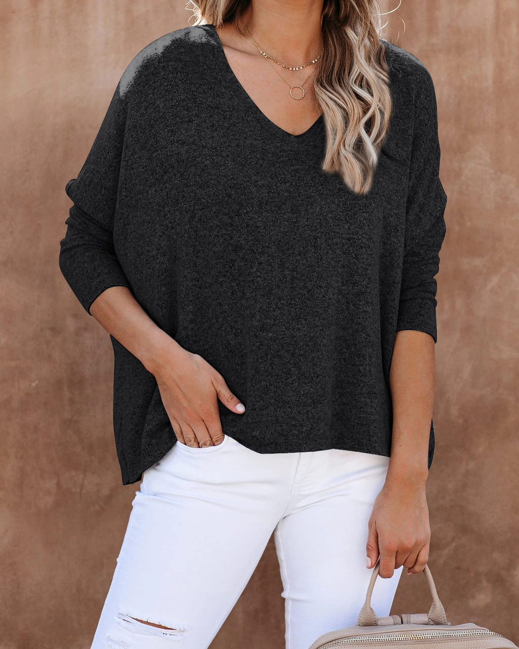 Title 7, Bat Sleeve V-Neck Loose Pullover Top