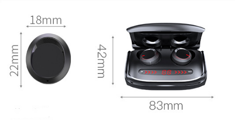 Earbuds and charging case with clear dimension details, perfect for understanding portability and fit