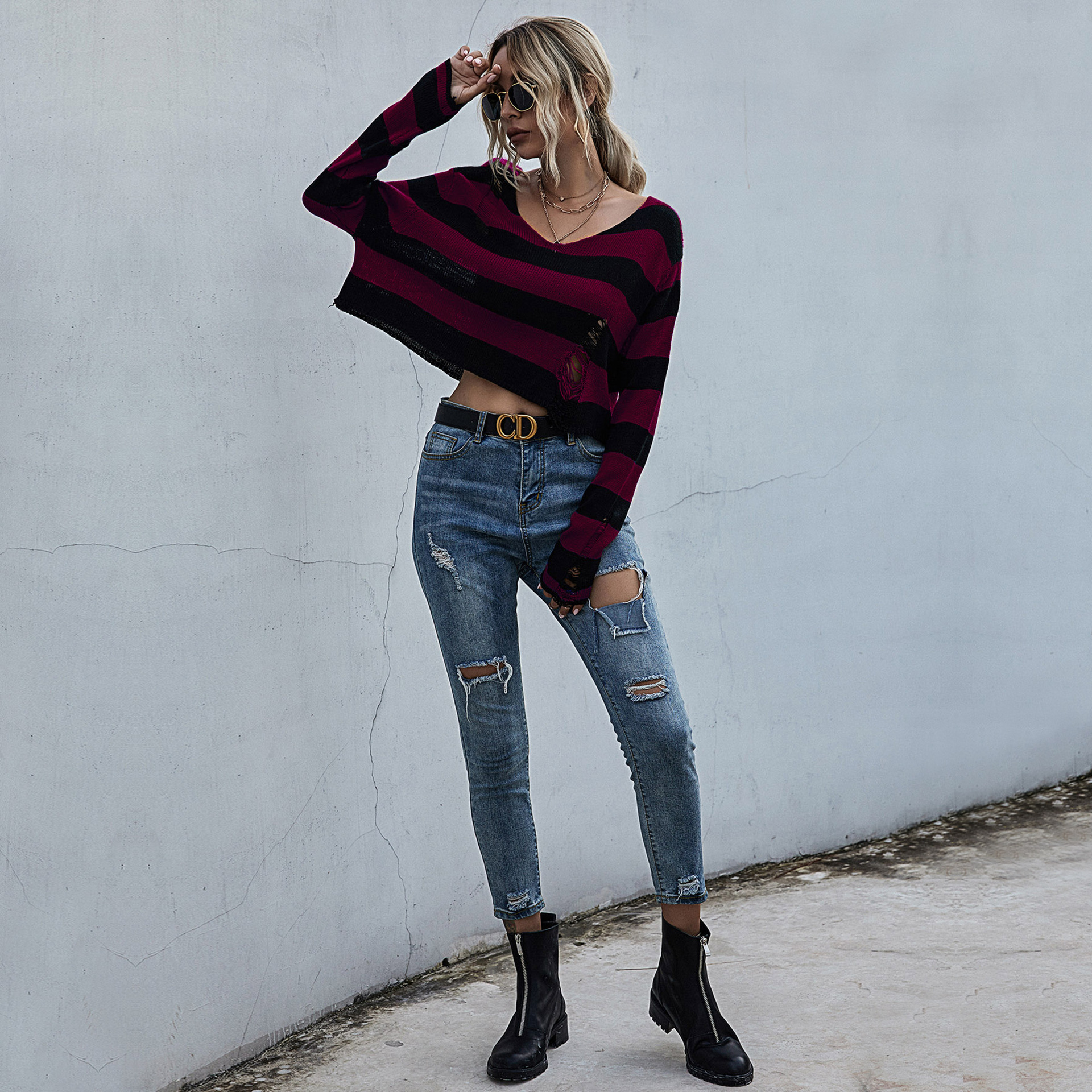 Title 8, New Big V-neck Striped Sweater Ripped Knit Swea...