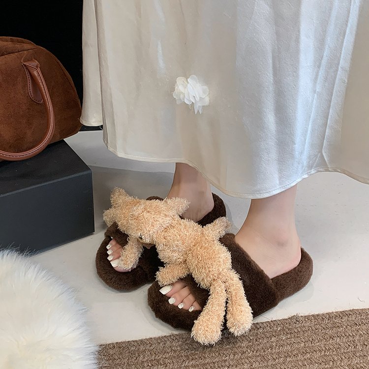 2025 New Cute Cartoon Bear Furry Closed Toe Platform Slippers For Women, Anti-Slip Thick Sole Winter Slides