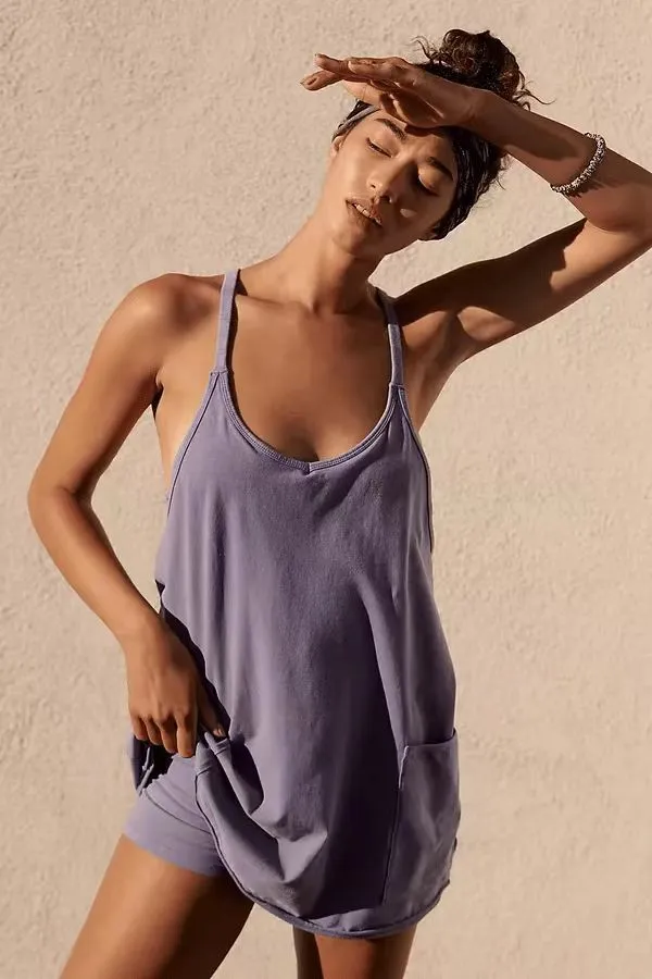 Summer New Casual Knitted Sling Short Pocket Dress Three piece Set Purple - Shop at LoveMi