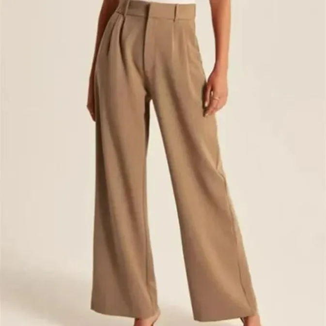 Women's Fashion Casual Hundred High Waist Wide Leg Pants - Khaki