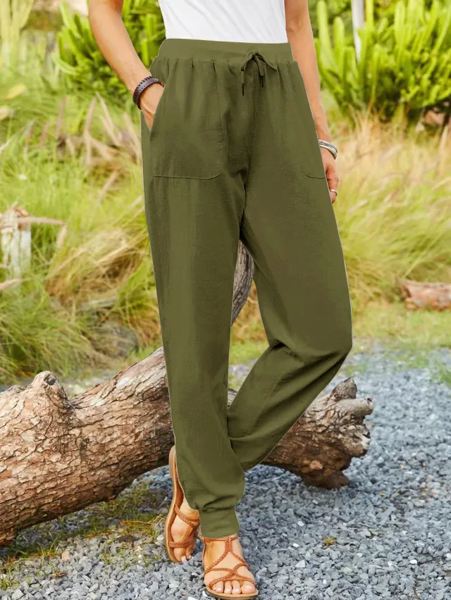 Casual Elastic Cotton And Linen Pants Army Green - Shop at LoveMi