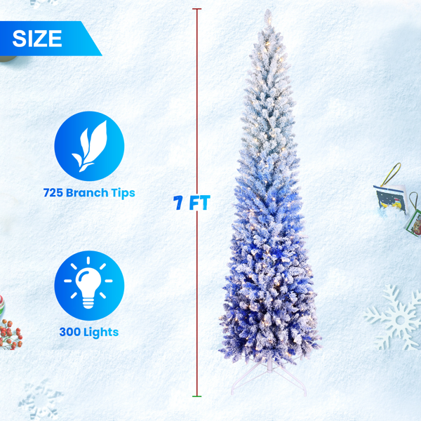 6FT Blue Gradient Flocked Pencil Christmas Tree with 200 Warm White LED Lights, 485 Tips, Hinged Branches, Slim Design, Metal Stand â€“ Narrow Prelit Tree for Holiday Home Decor-19