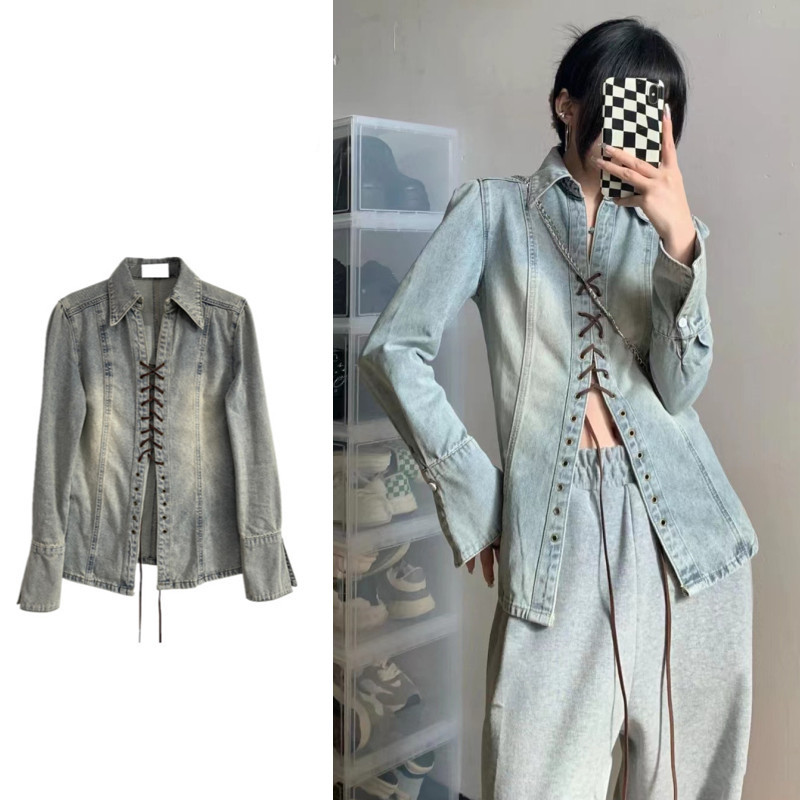 Ladies Lace-Up Washed Long Sleeve Denim Shirt
