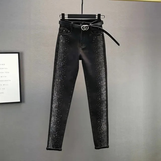 Cotton Elastic Slimming High waisted Slimming Heavy duty Hot drilled Pencil Pants Black - Shop at LoveMi
