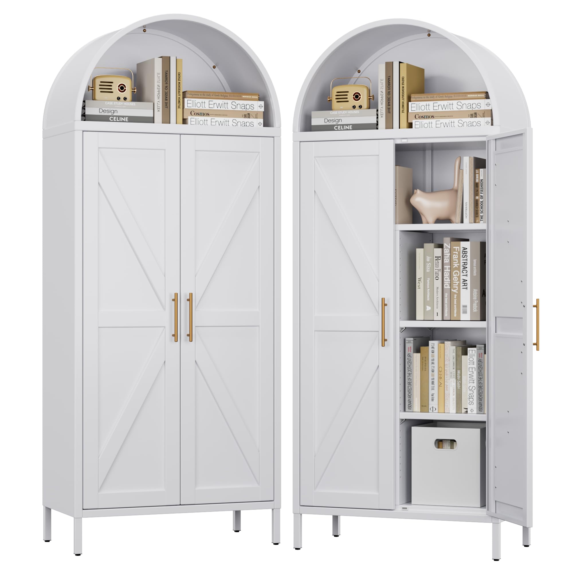 Metal Arched Storage Cabinet With Doors And Adjustable Shelves, Farmhouse Cupboard For Dining Room, Living Room,White